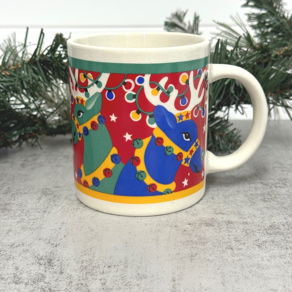 Gibson Housewares Christmas Reindeer Coffee Mug Red Blue Green Holiday Lights